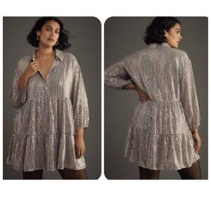 Anthropologie The Bettina Tiered Shirt Dress by Maeve  Mini Sequin Edition XL